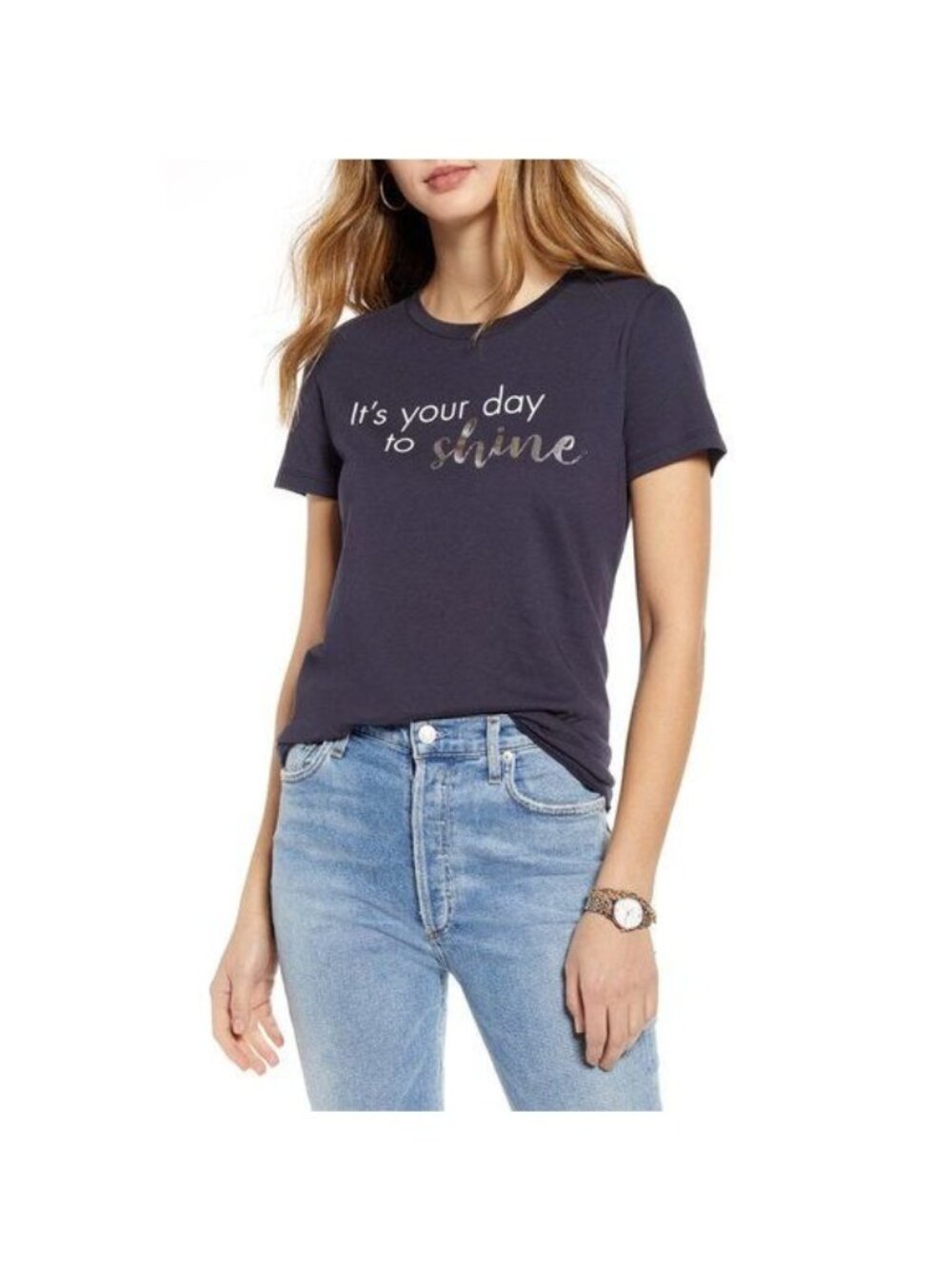 1901 Navy Its Your Day To Shine Graphic Tee Metallic Lettering Detail